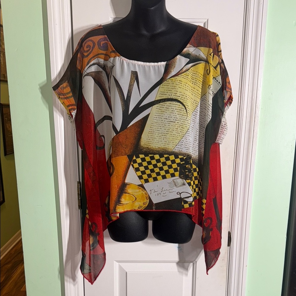Palila Red, Yellow & Black Floral Abstract Chiffon Sheer Cap Sleeve Top Size XL